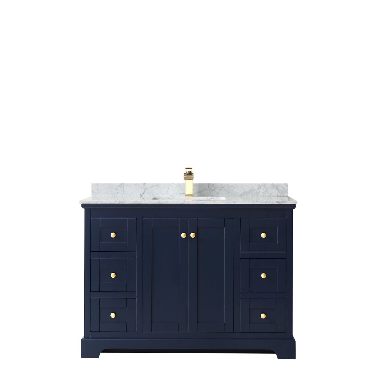 Avery 48 Inch Single Bathroom Vanity in Dark Blue, White Carrara Marble Countertop, Undermount Square Sink, and No Mirror