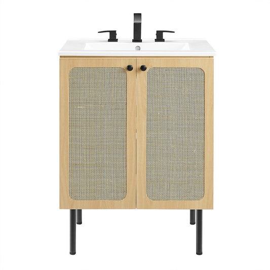 Modway Chaucer 24" Wood & Rattan Bathroom Vanity in Oak/White