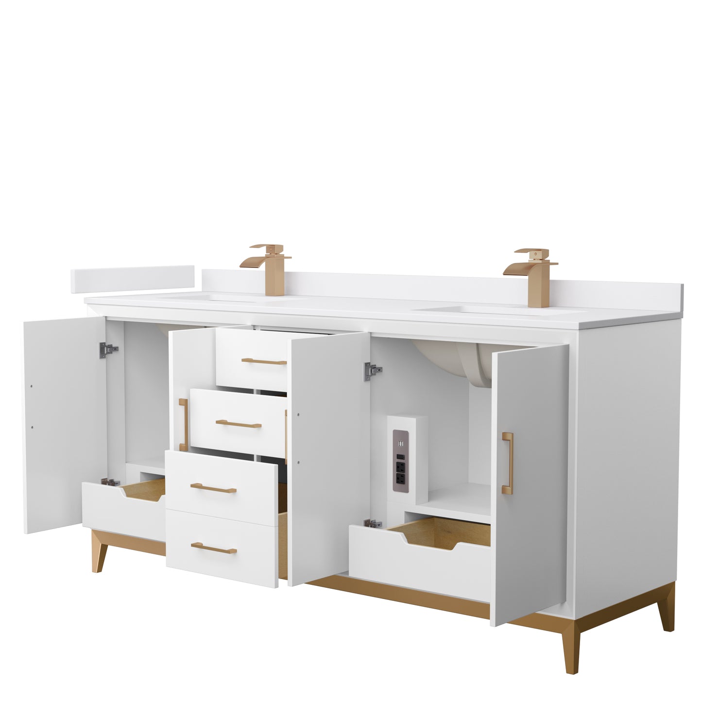 Amici 72 Inch Double Bathroom Vanity in White, White Cultured Marble Countertop, Undermount Square Sinks, Satin Bronze Trim
