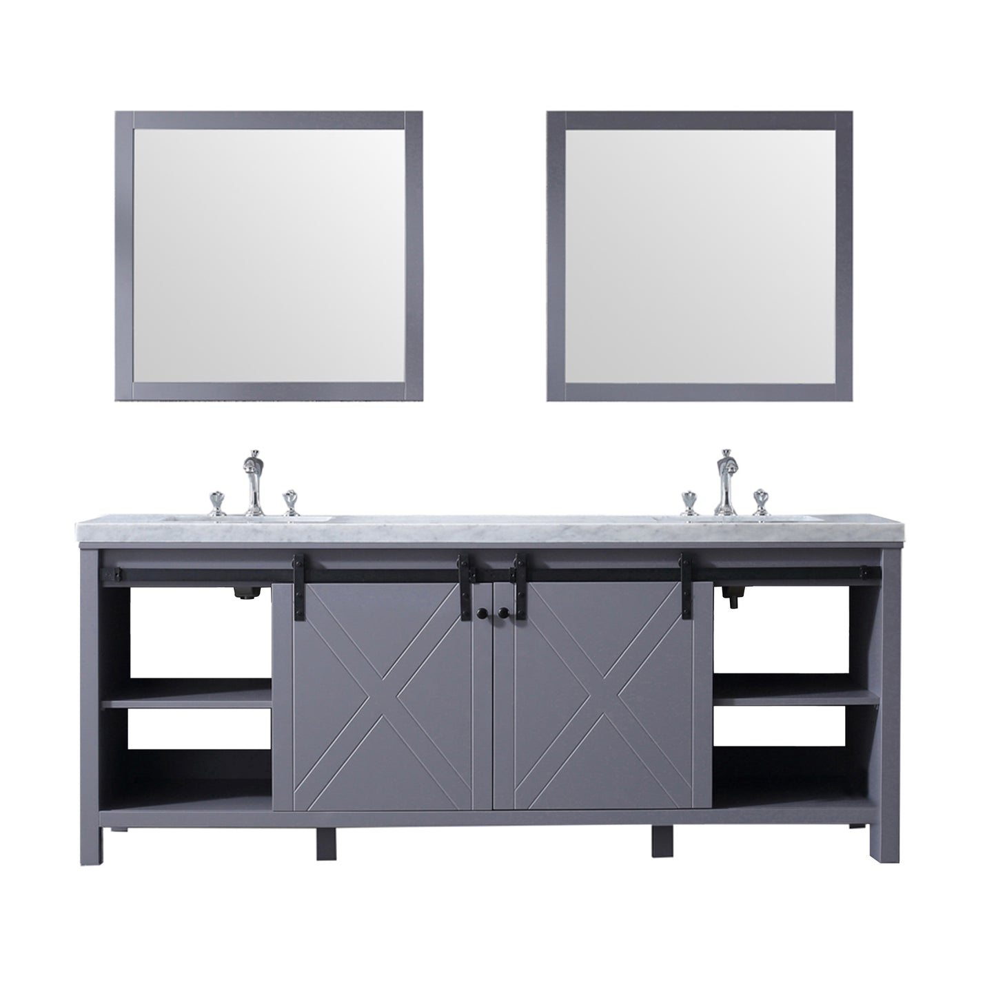 Marsyas 84" Dark Grey Double Vanity, White Carrara Marble Top, White Square Sinks and 34" Mirrors w/ Faucets