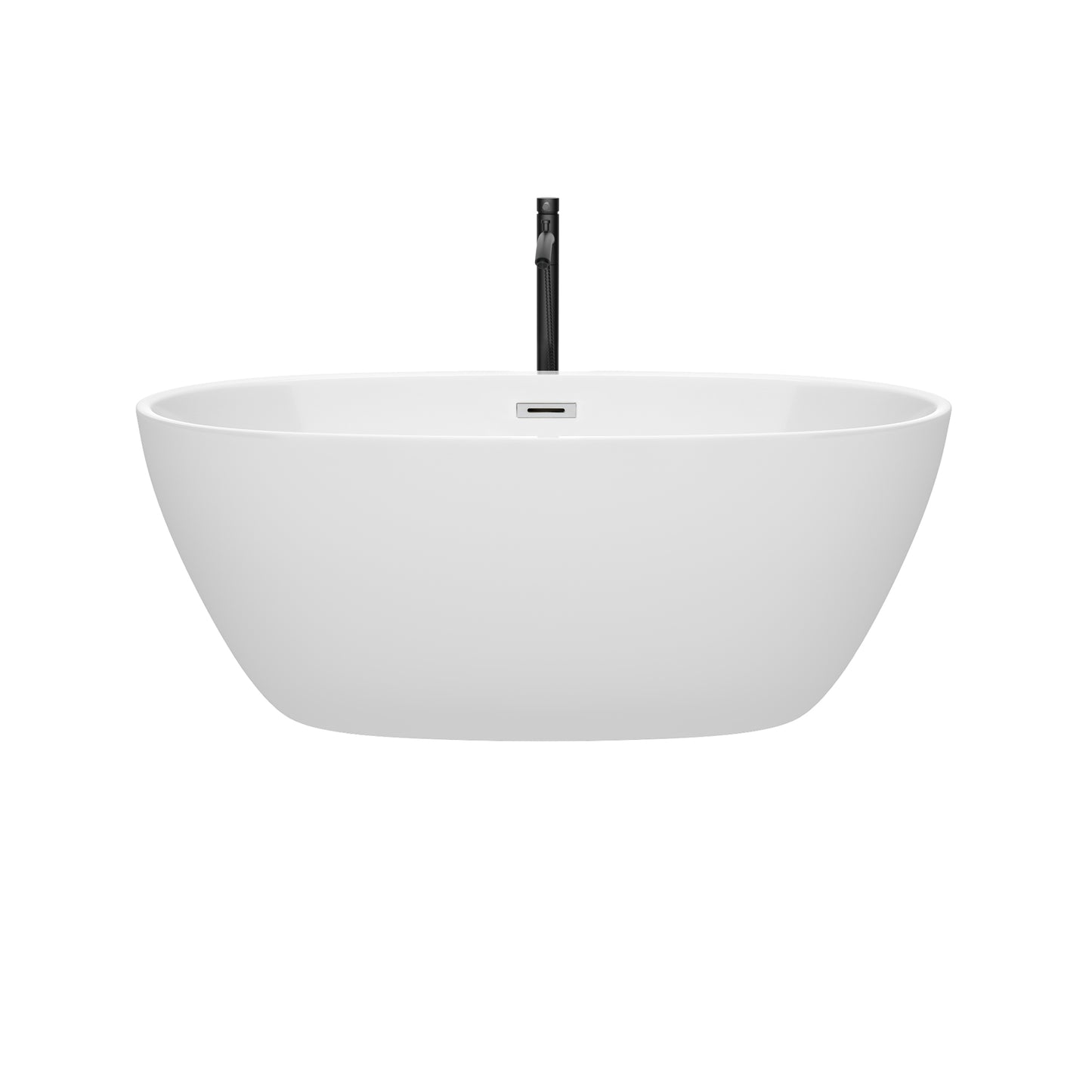 Juno 59 Inch Freestanding Bathtub in White with Polished Chrome Trim and Floor Mounted Faucet in Matte Black