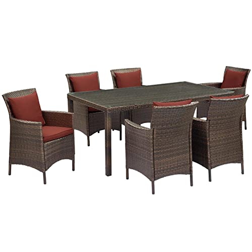 Modway Conduit 7-Piece Modern Rattan Outdoor Dining Set in Brown/Currant