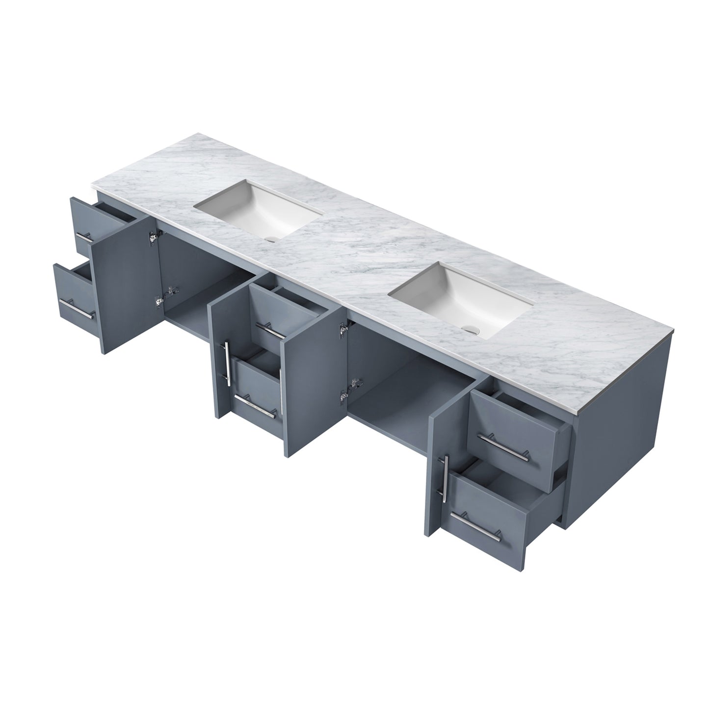 Geneva 84" Dark Grey Double Vanity, White Carrara Marble Top, White Square Sinks and 36" LED Mirrors