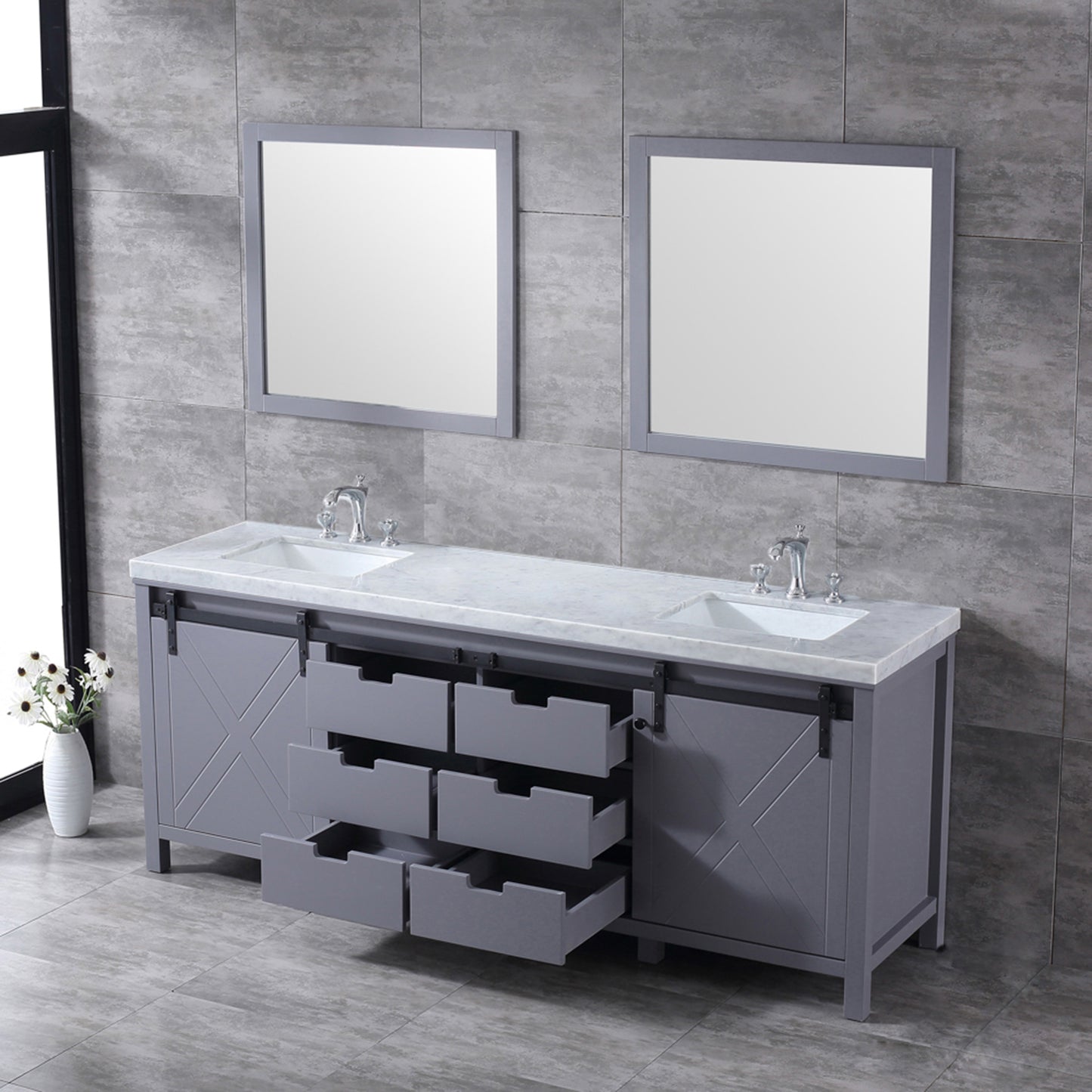 Marsyas 84" Dark Grey Double Vanity, White Carrara Marble Top, White Square Sinks and 34" Mirrors w/ Faucets