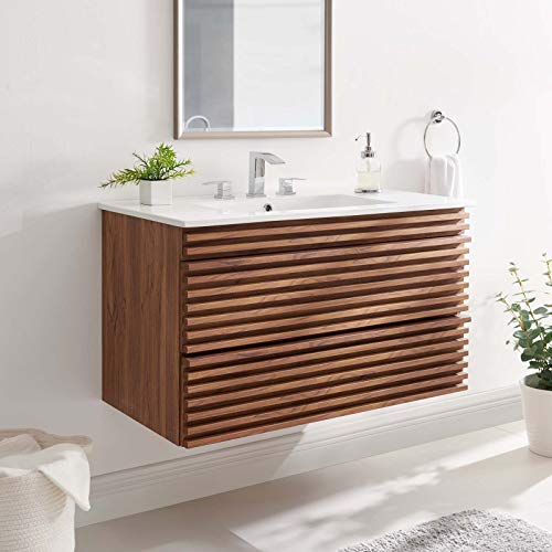 Modway Render Wall-Mount Bathroom Vanity in Walnut White