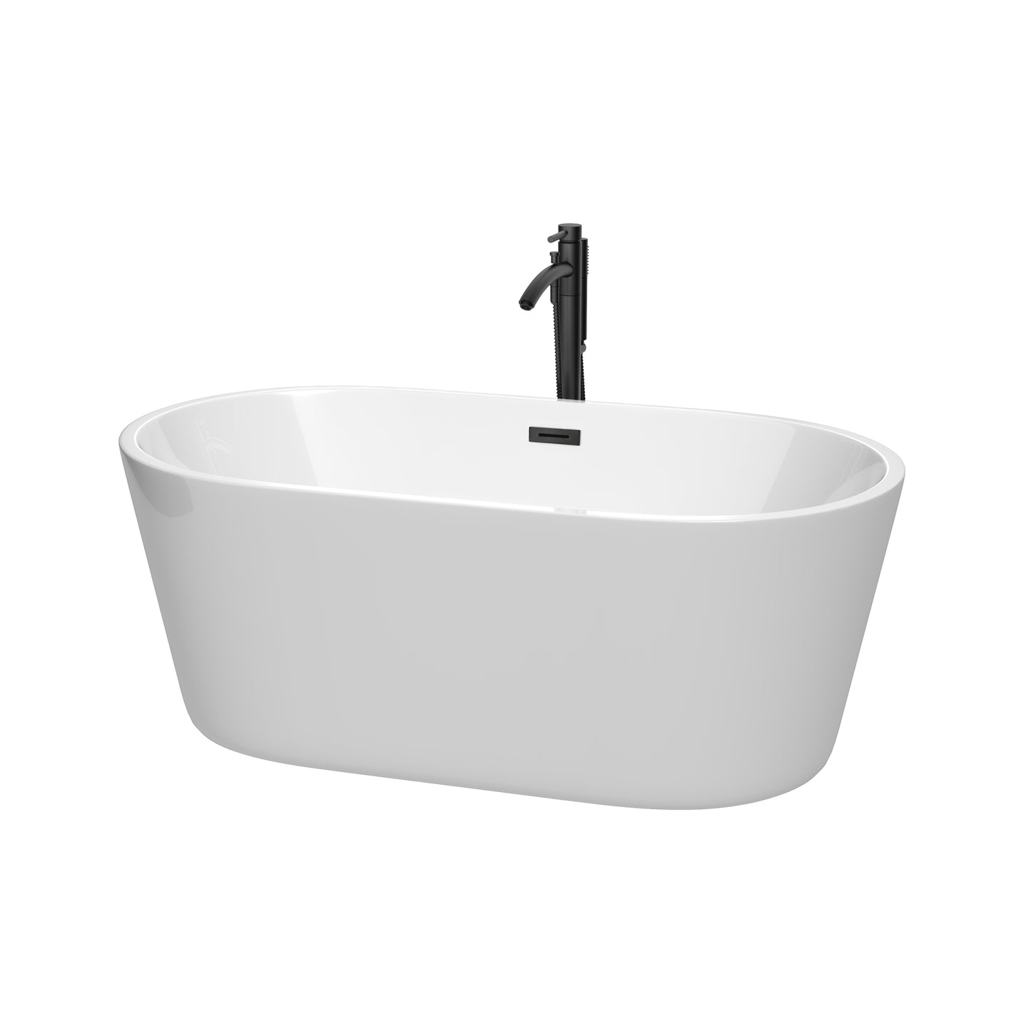 Carissa 60 Inch Freestanding Bathtub in White with Floor Mounted Faucet, Drain and Overflow Trim in Matte Black