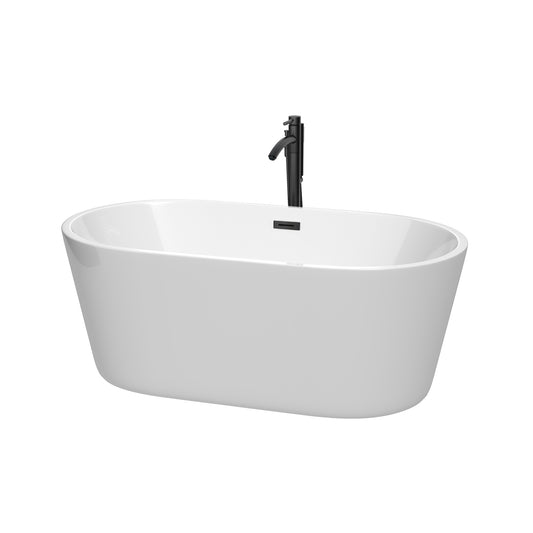 Carissa 60 Inch Freestanding Bathtub in White with Floor Mounted Faucet, Drain and Overflow Trim in Matte Black