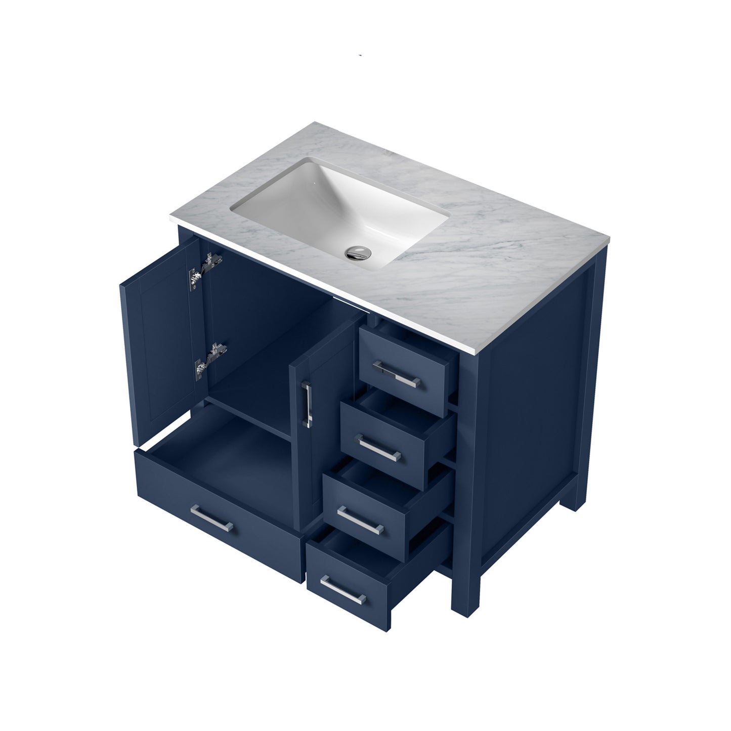Jacques 36" Navy Blue Single Vanity, White Carrara Marble Top, White Square Sink and no Mirror - Left Version