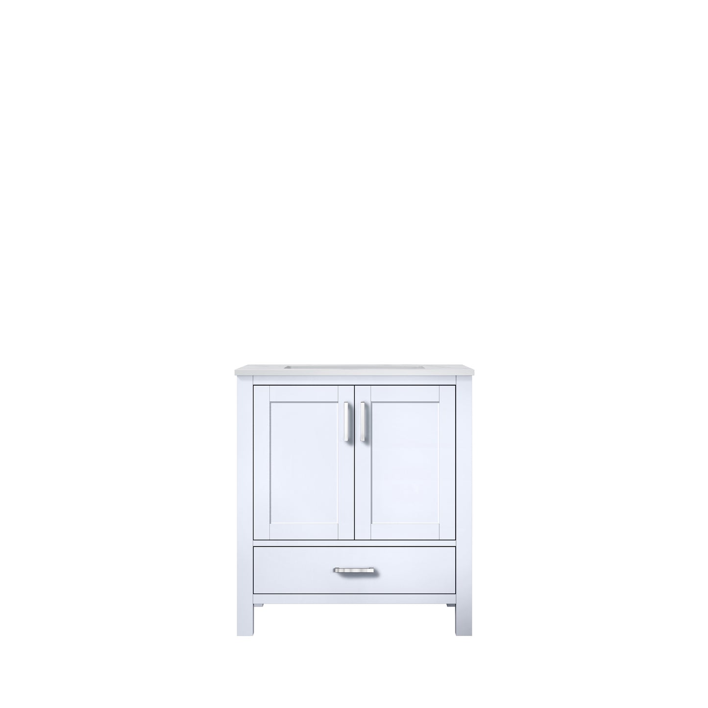 Jacques 30" White Single Vanity, White Carrara Marble Top, White Square Sink and no Mirror