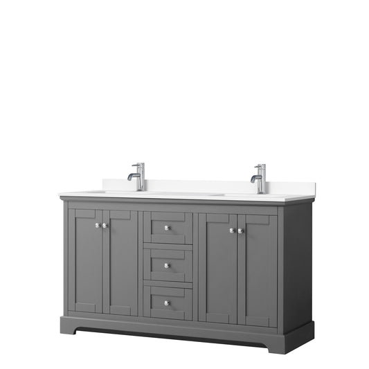 Avery 60 Inch Double Bathroom Vanity in Dark Gray, White Cultured Marble Countertop, Undermount Square Sinks, No Mirror