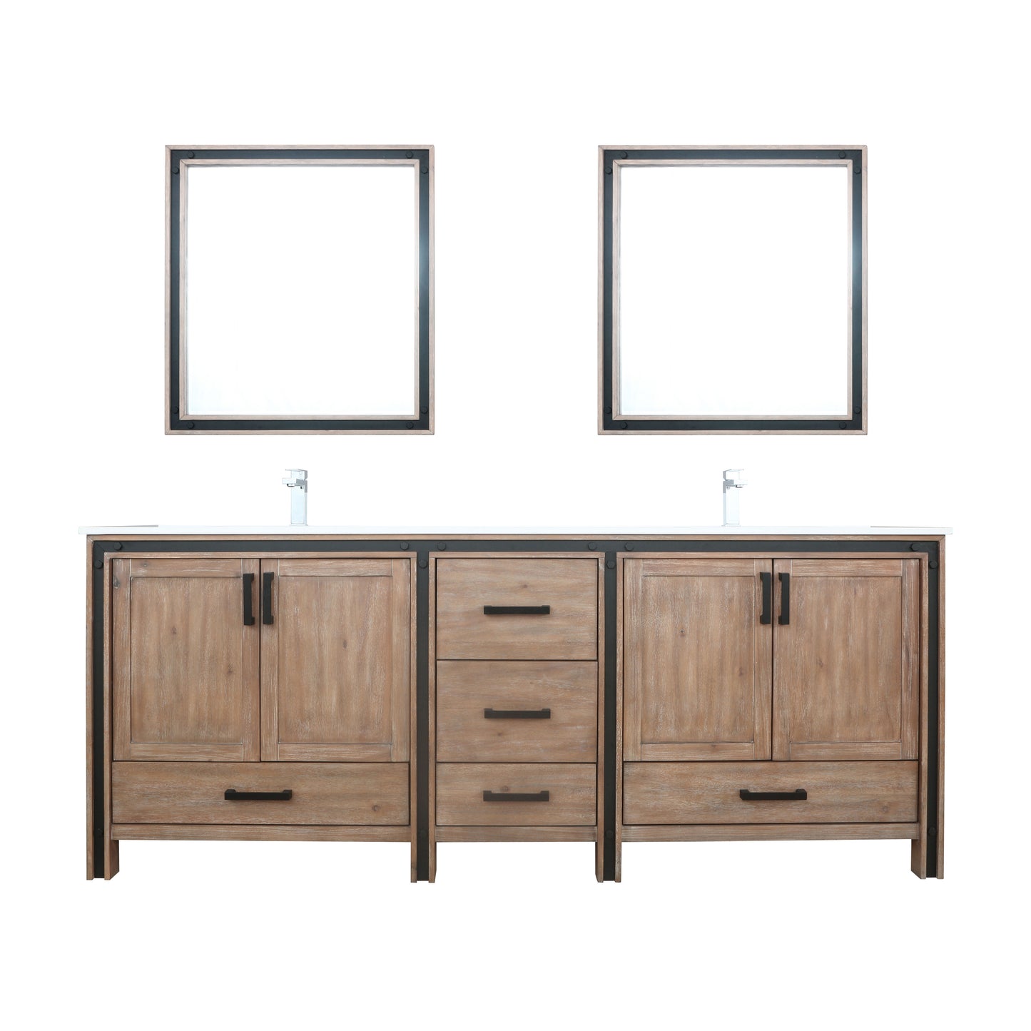 Ziva 84" Rustic Barnwood Double Vanity, Cultured Marble Top, White Square Sink and 34" Mirrors w/ Faucet