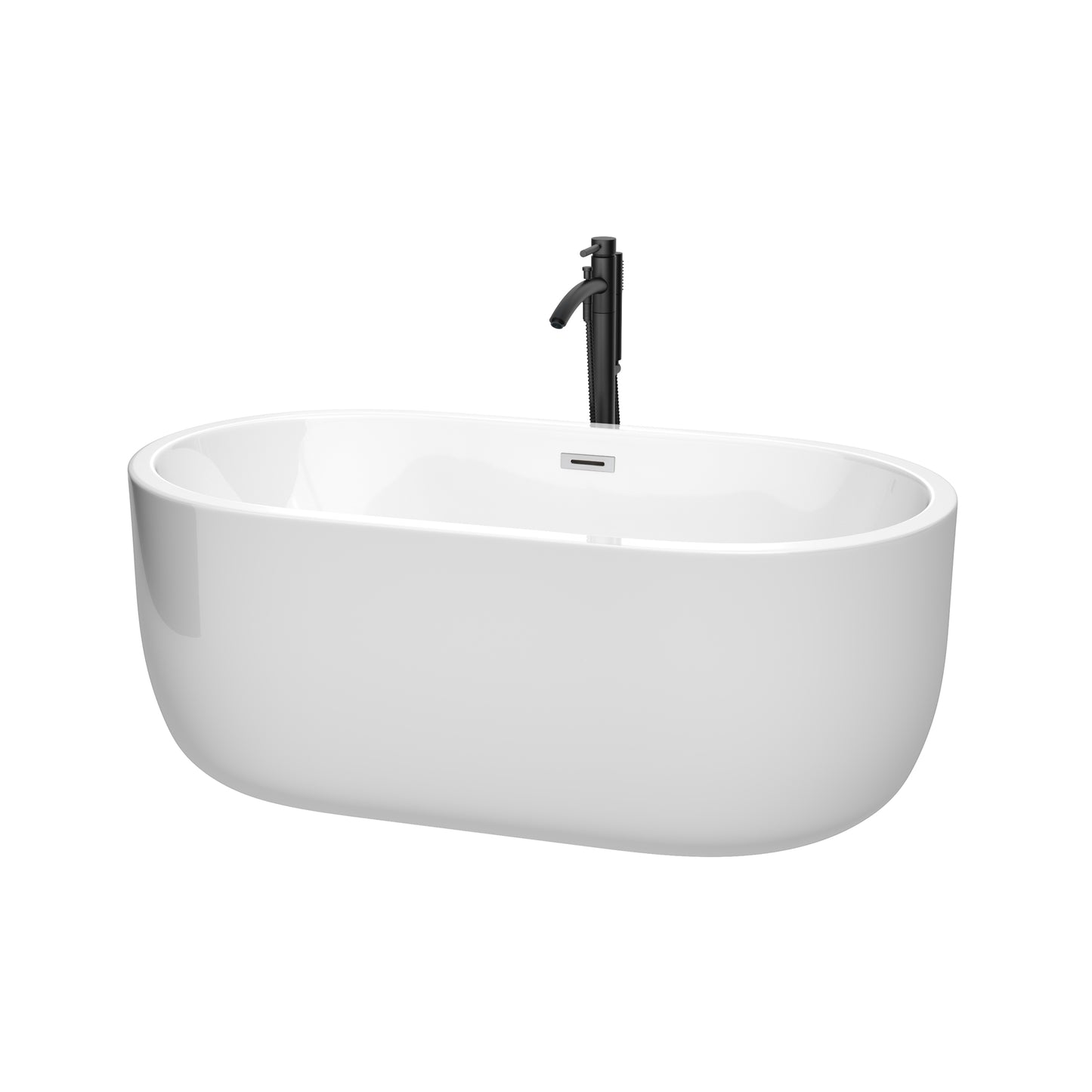 Juliette 60 Inch Freestanding Bathtub in White with Polished Chrome Trim and Floor Mounted Faucet in Matte Black