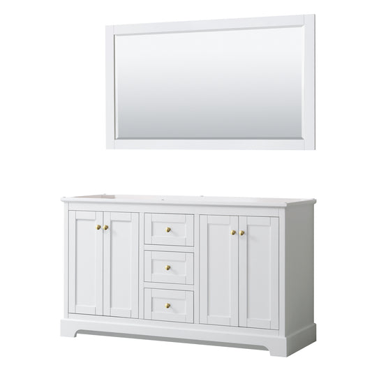 Avery 60 Inch Double Bathroom Vanity in White, No Countertop, No Sinks, 58 Inch Mirror, Brushed Gold Trim