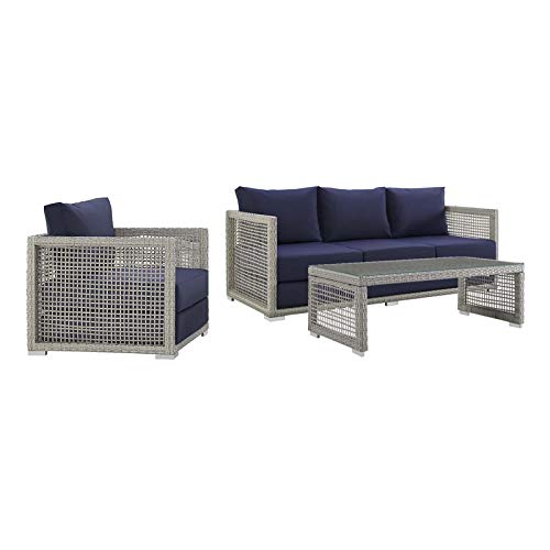 Modway EEI-3599-GRY-NAV-SET Aura Outdoor Patio Wicker Rattan, Sofa, Armchair and Coffee Table, Gray Navy