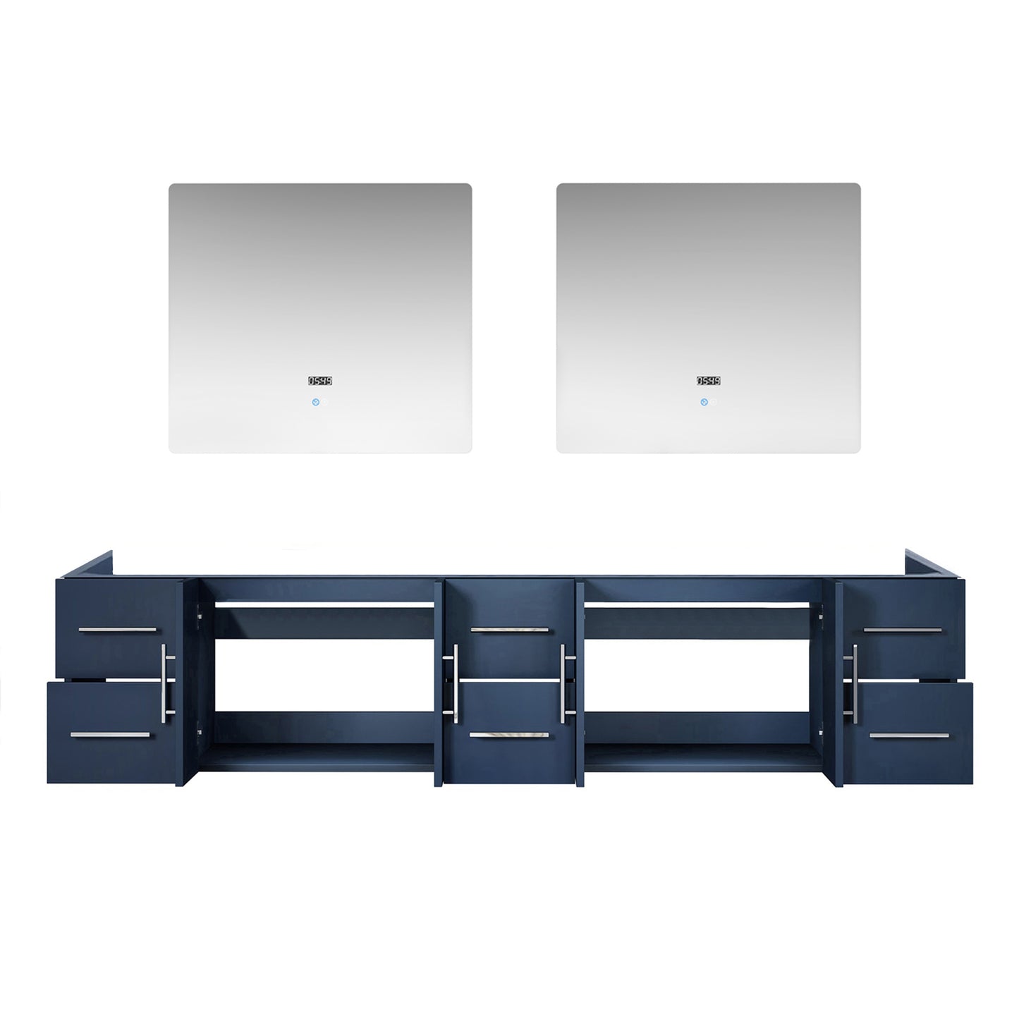 Geneva 84" Navy Blue Double Vanity, no Top and 36" LED Mirrors