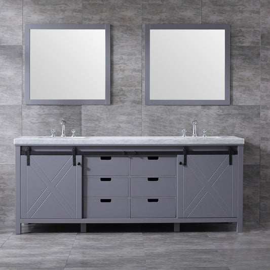 Marsyas 84" Dark Grey Double Vanity, White Carrara Marble Top, White Square Sinks and 34" Mirrors w/ Faucets