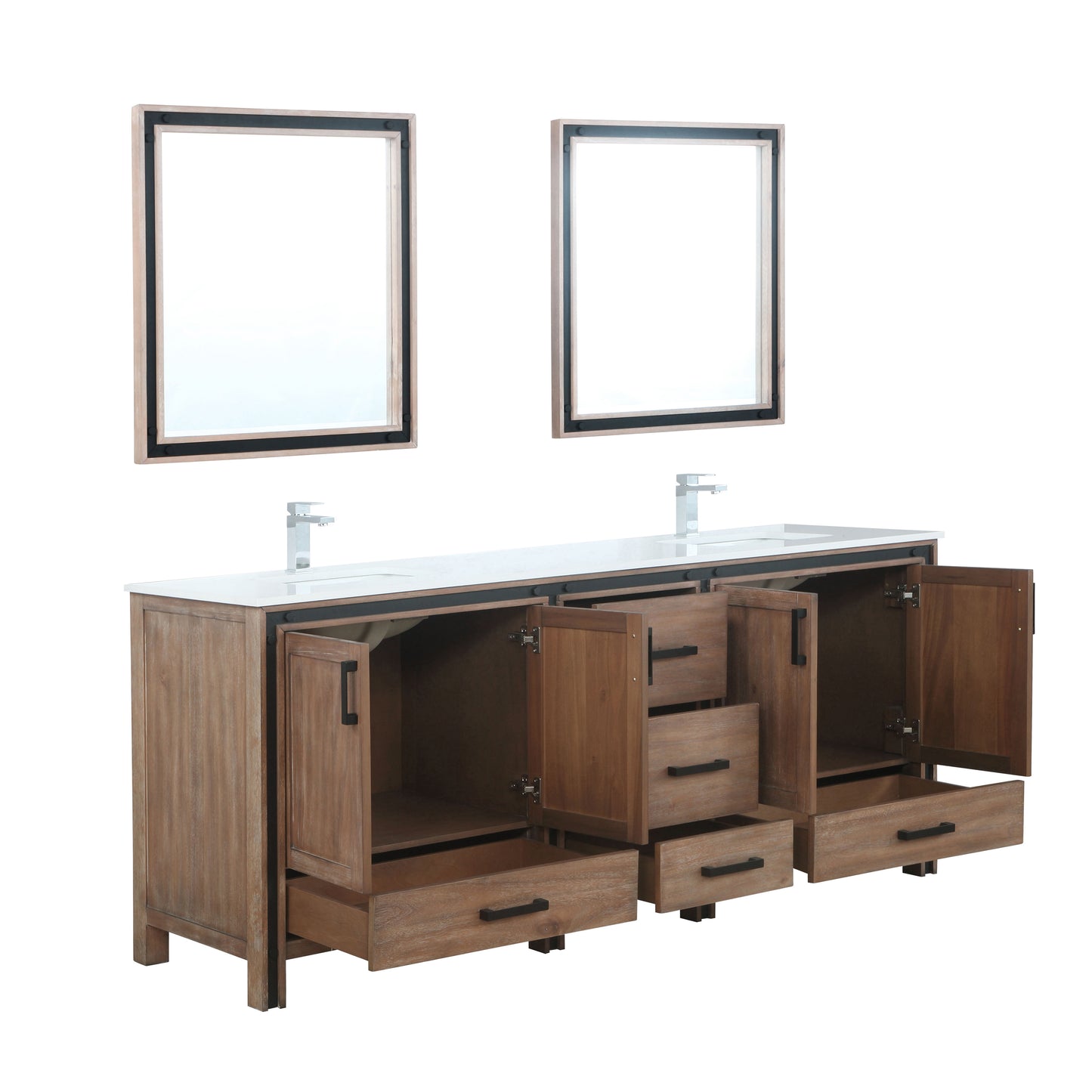 Ziva 80" Rustic Barnwood Double Vanity, Cultured Marble Top, White Square Sink and 30" Mirrors w/ Faucet