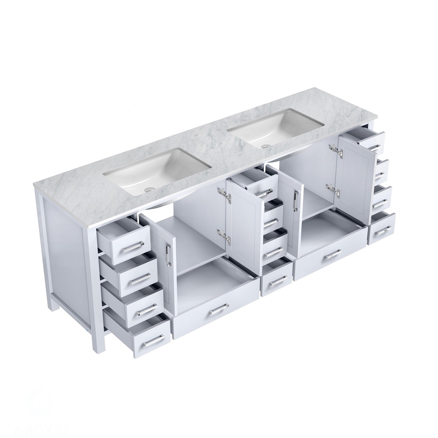 Jacques 84" White Double Vanity, White Carrara Marble Top, White Square Sinks and no Mirror