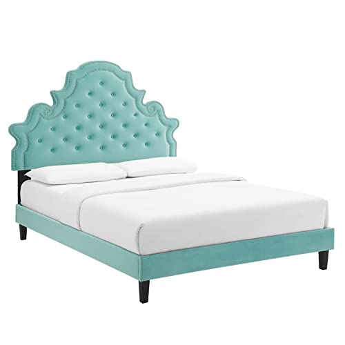 Modway Gwyneth Tufted Performance Velvet Queen Platform Bed in Mint with Black Wood Legs
