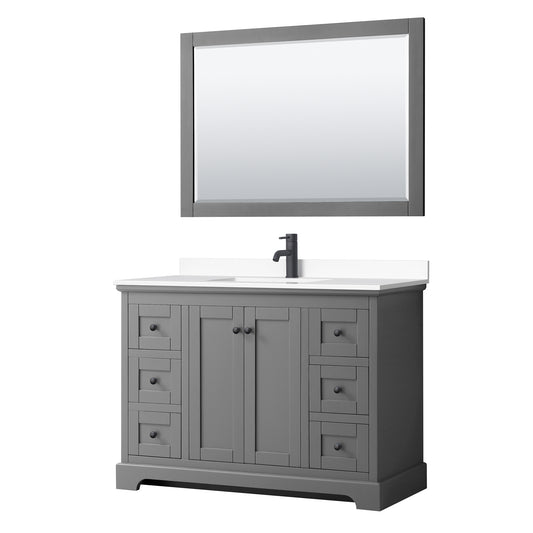 Avery 48 Inch Single Bathroom Vanity in Dark Gray, White Cultured Marble Countertop, Undermount Square Sink, Matte Black Trim, 46 Inch Mirror