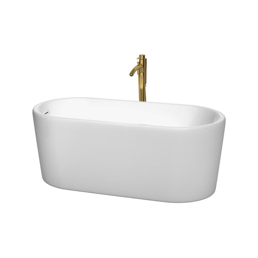 Ursula 59 Inch Freestanding Bathtub in White with Shiny White Trim and Floor Mounted Faucet in Brushed Gold