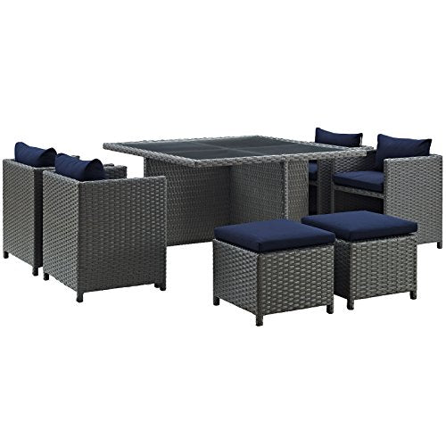 Modway EEI-2310-CHC-RED-SET Sojourn 11 Piece Outdoor Patio Sunbrella Dining Set in Canvas Red