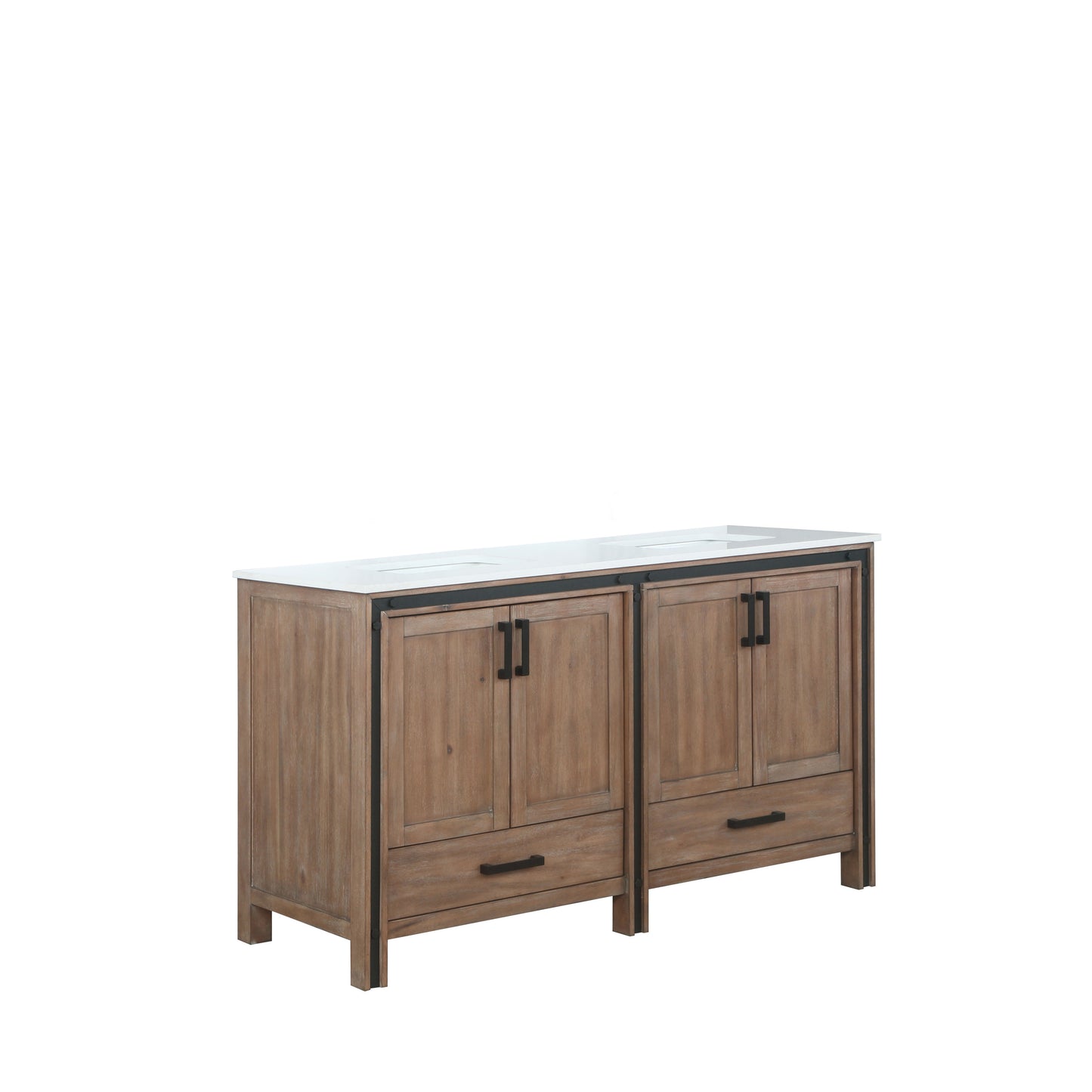 Ziva 60" Rustic Barnwood Double Vanity, Cultured Marble Top, White Square Sink and no Mirror