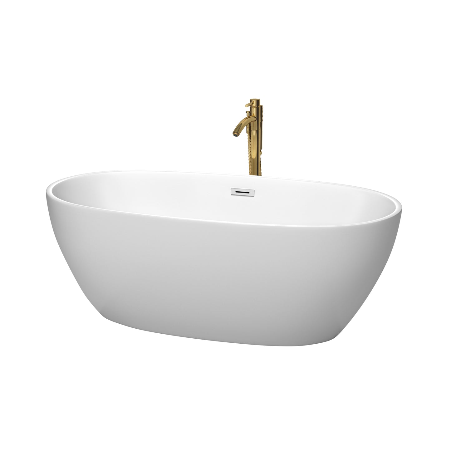 Juno 63 Inch Freestanding Bathtub in Matte White with Polished Chrome Trim and Floor Mounted Faucet in Brushed Gold
