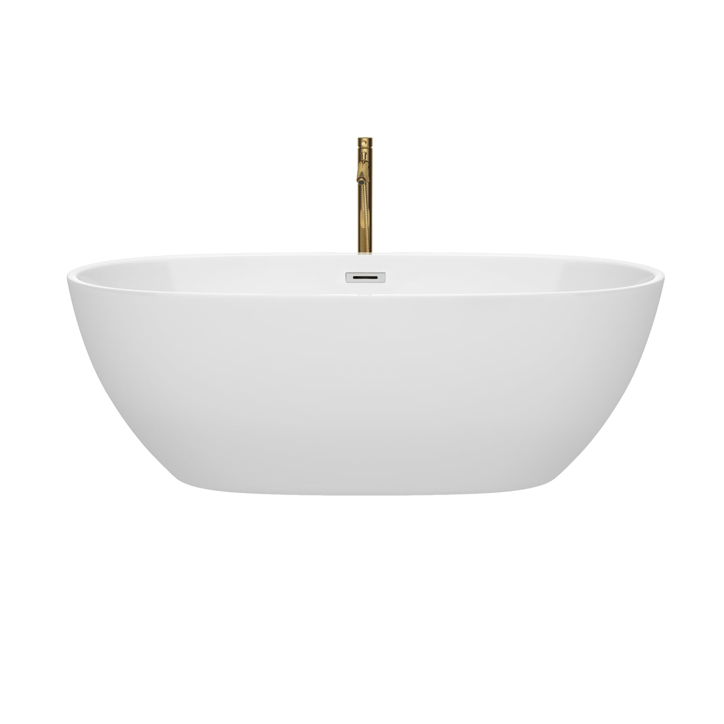Juno 67 Inch Freestanding Bathtub in White with Polished Chrome Trim and Floor Mounted Faucet in Brushed Gold