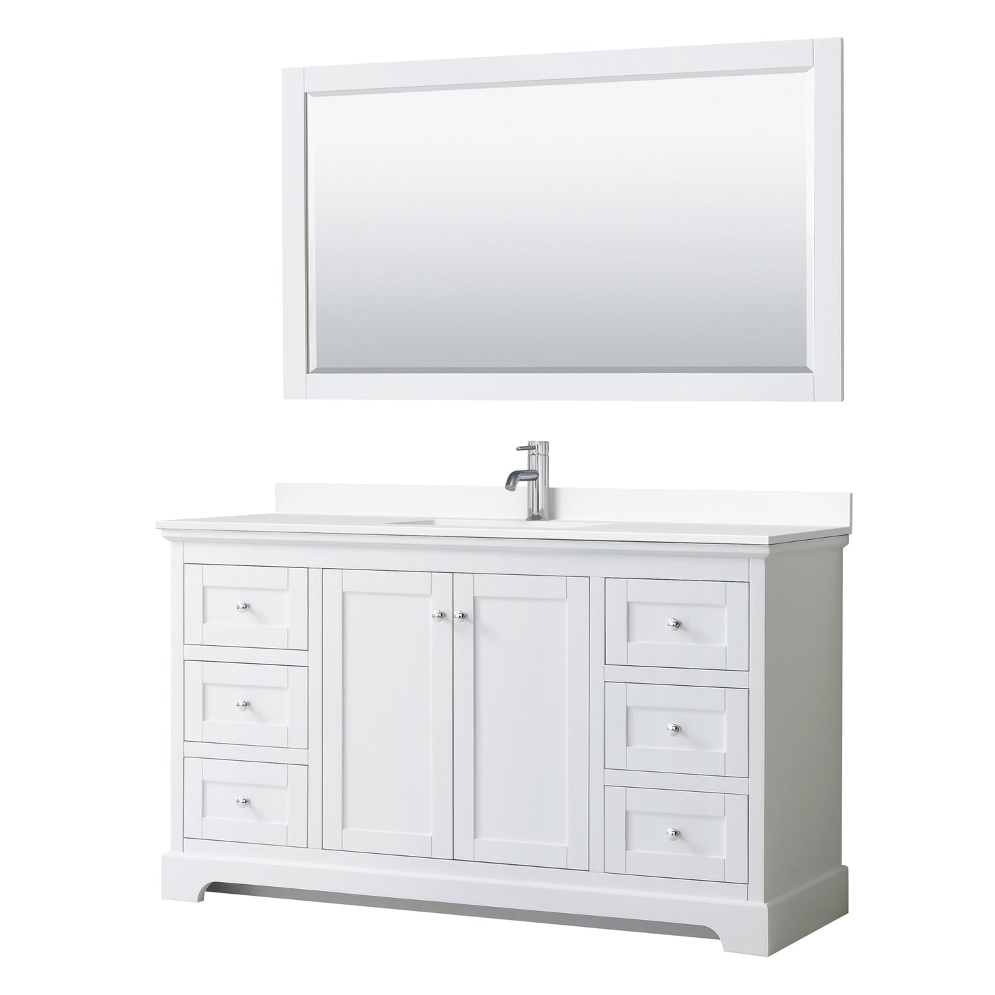 Avery 60 Inch Single Bathroom Vanity in White, White Cultured Marble Countertop, Undermount Square Sink, 58 Inch Mirror