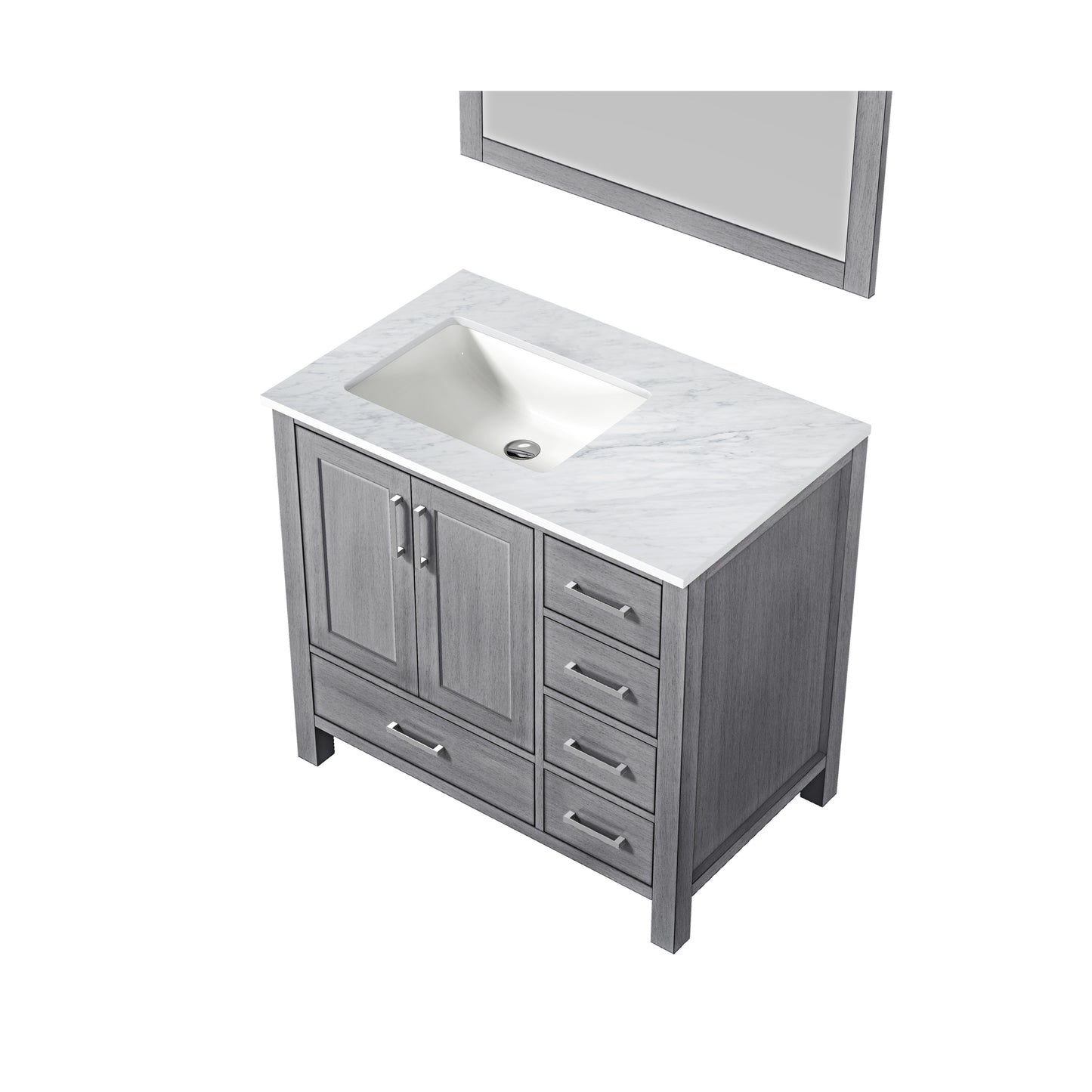 Jacques 36" Distressed Grey Single Vanity, White Carrara Marble Top, White Square Sink and 34" Mirror - Left Version
