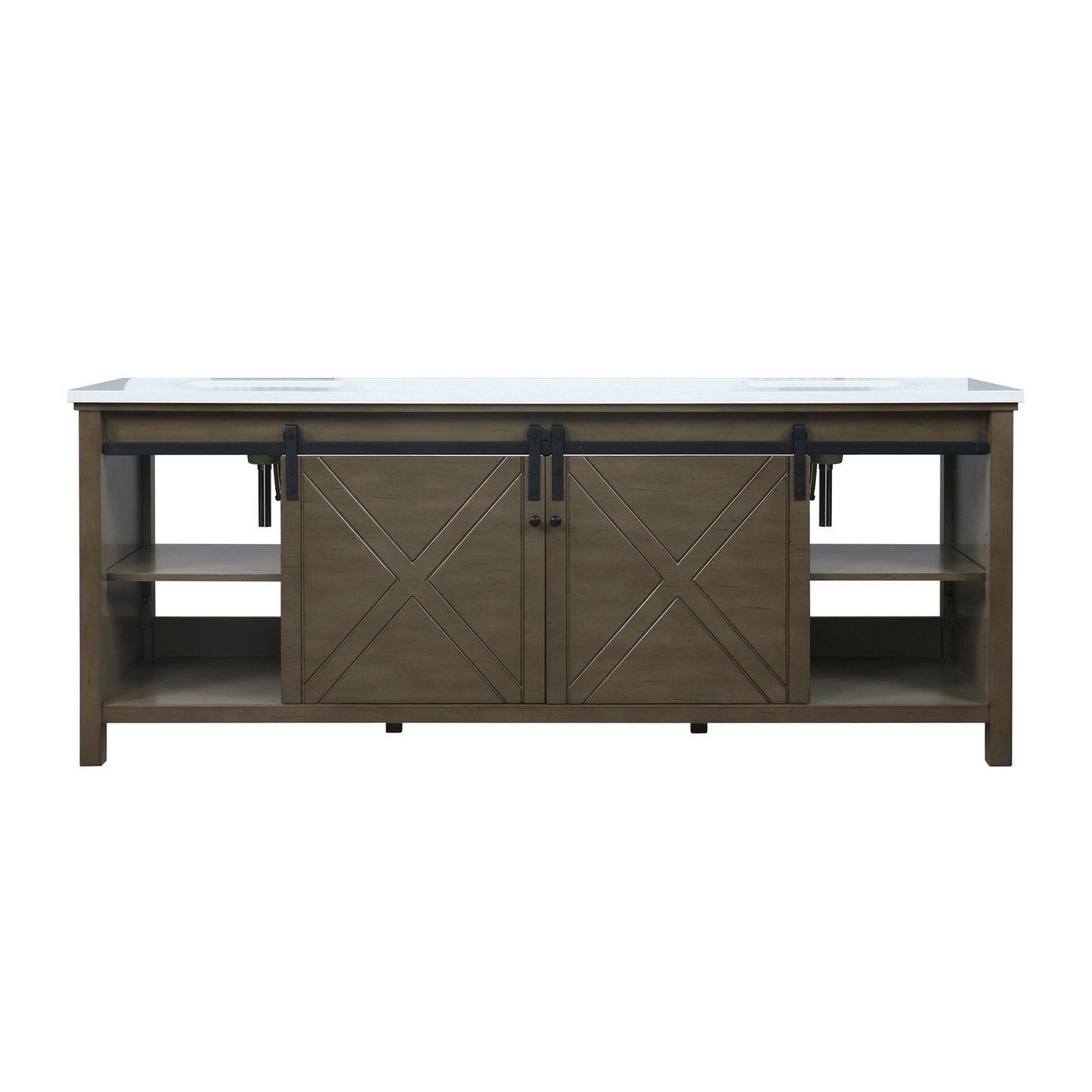 Marsyas 84" Rustic Brown Double Vanity, White Quartz Top, White Square Sinks and no Mirror