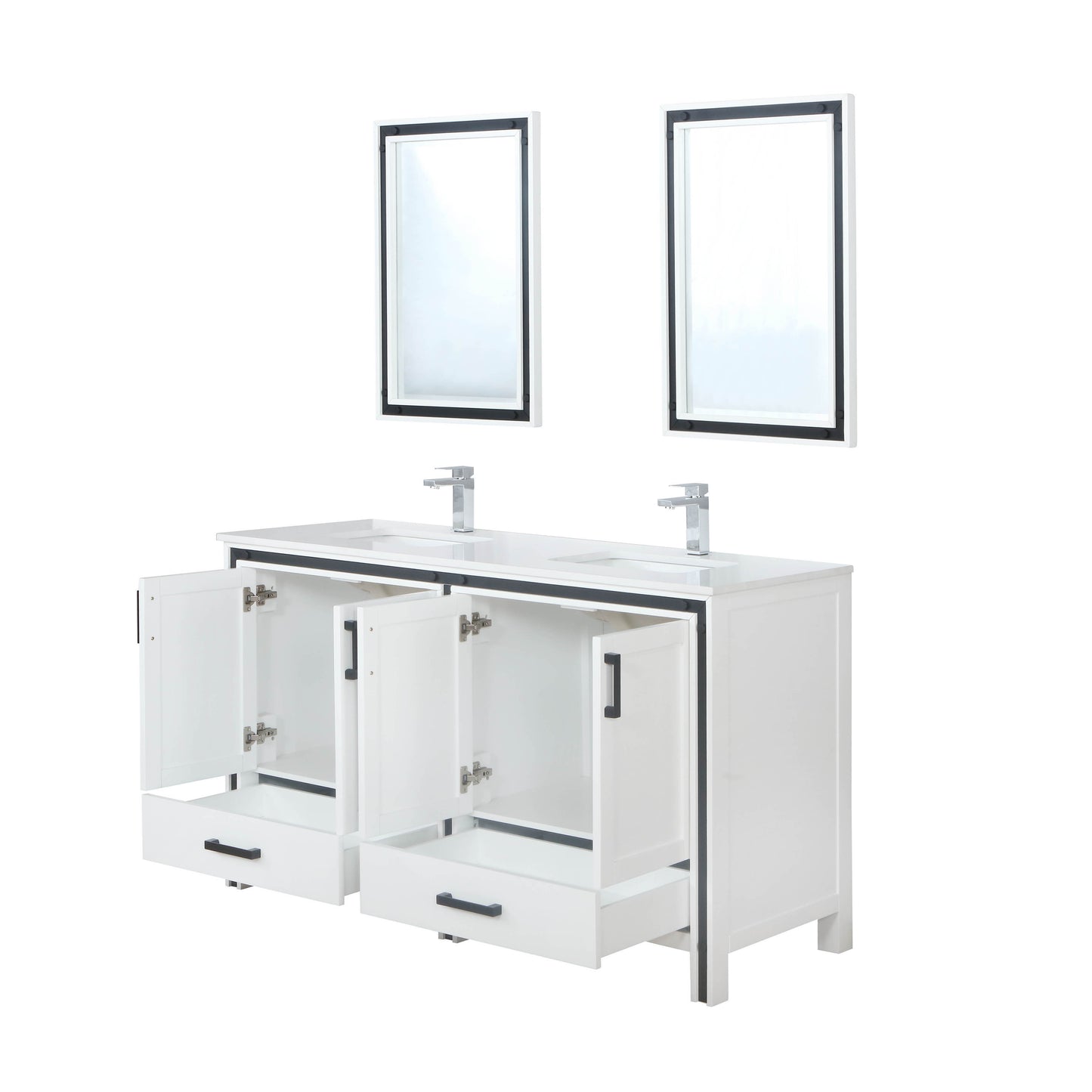 Ziva 60" White Double Vanity, Cultured Marble Top, White Square Sink and 22" Mirrors w/ Faucet