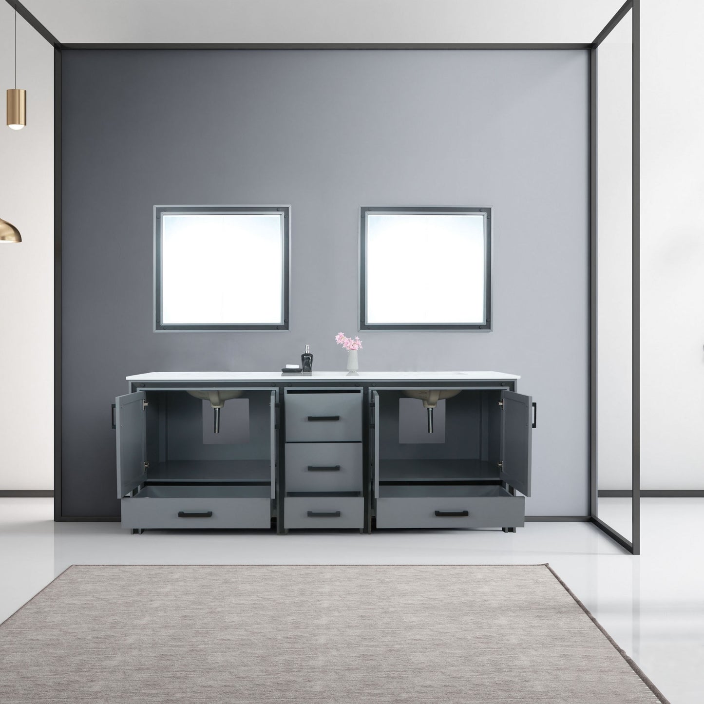 Ziva 84" Dark Grey Double Vanity, Cultured Marble Top, White Square Sink and 34" Mirrors