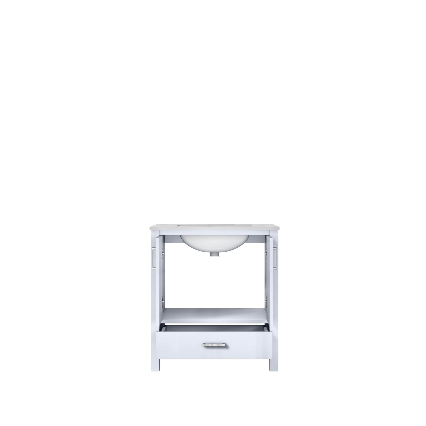 Jacques 30" White Single Vanity, White Carrara Marble Top, White Square Sink and no Mirror