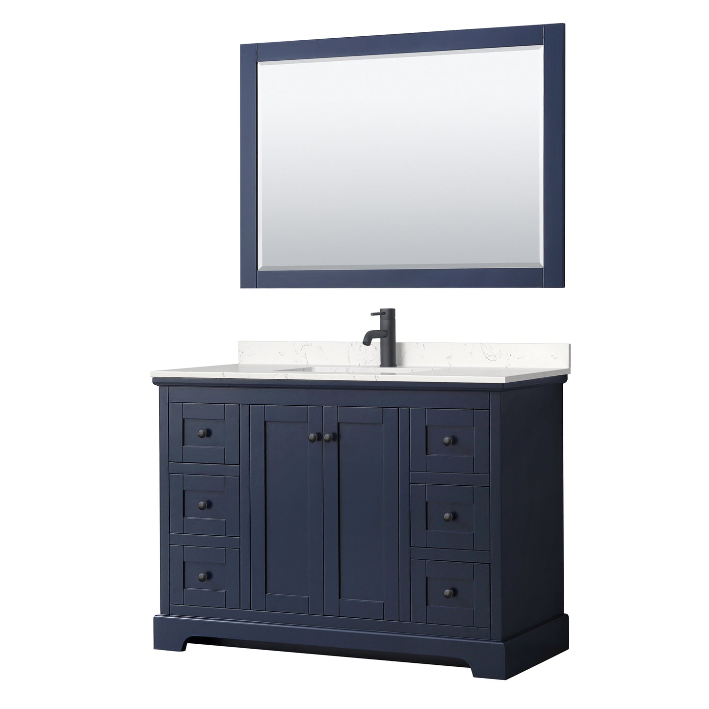 Avery 48 Inch Single Bathroom Vanity in Dark Blue, Carrara Cultured Marble Countertop, Undermount Square Sink, Matte Black Trim, 46 Inch Mirror