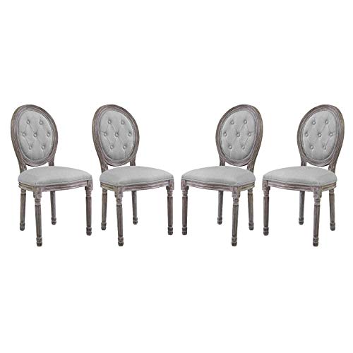 Modway Arise French Vintage Tufted Upholstered Fabric Four Dining Side Chairs in Light Gray