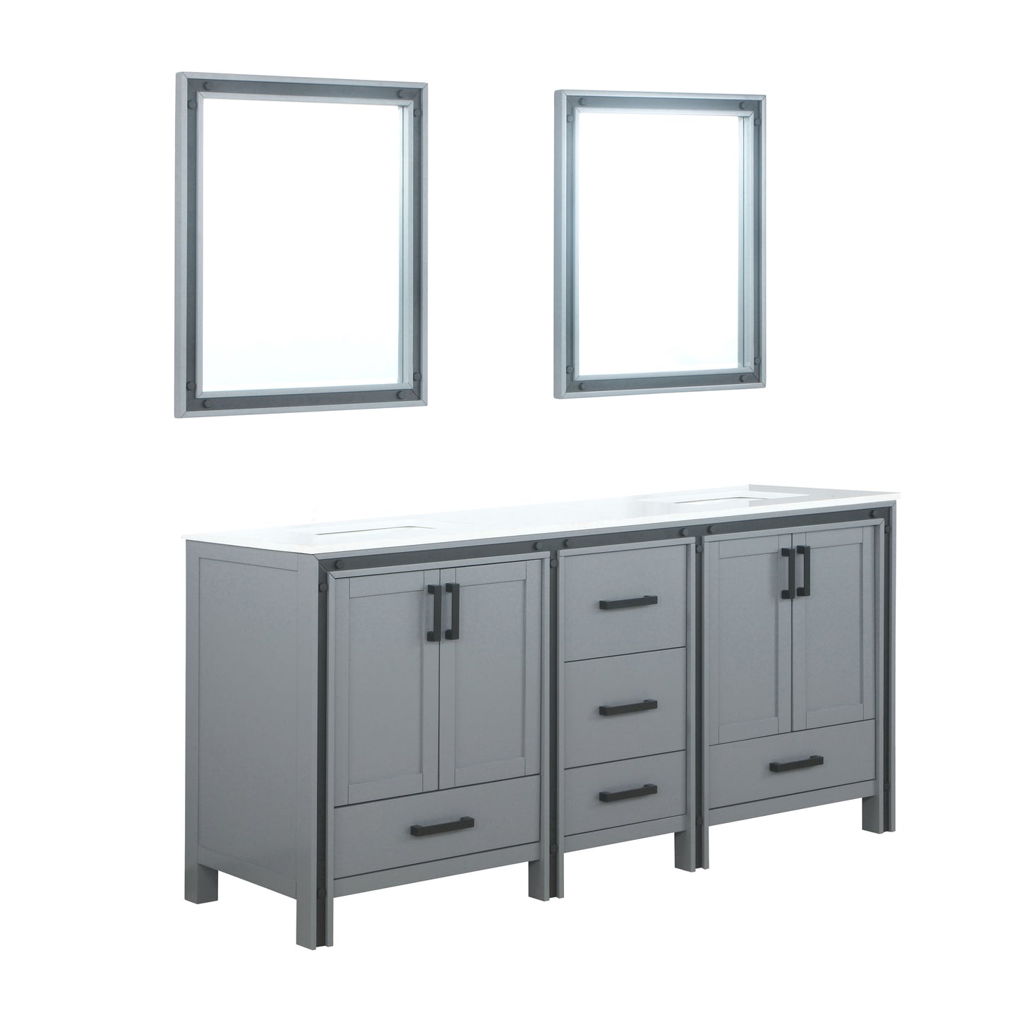 Ziva 72" Dark Grey Double Vanity, Cultured Marble Top, White Square Sink and 30" Mirrors