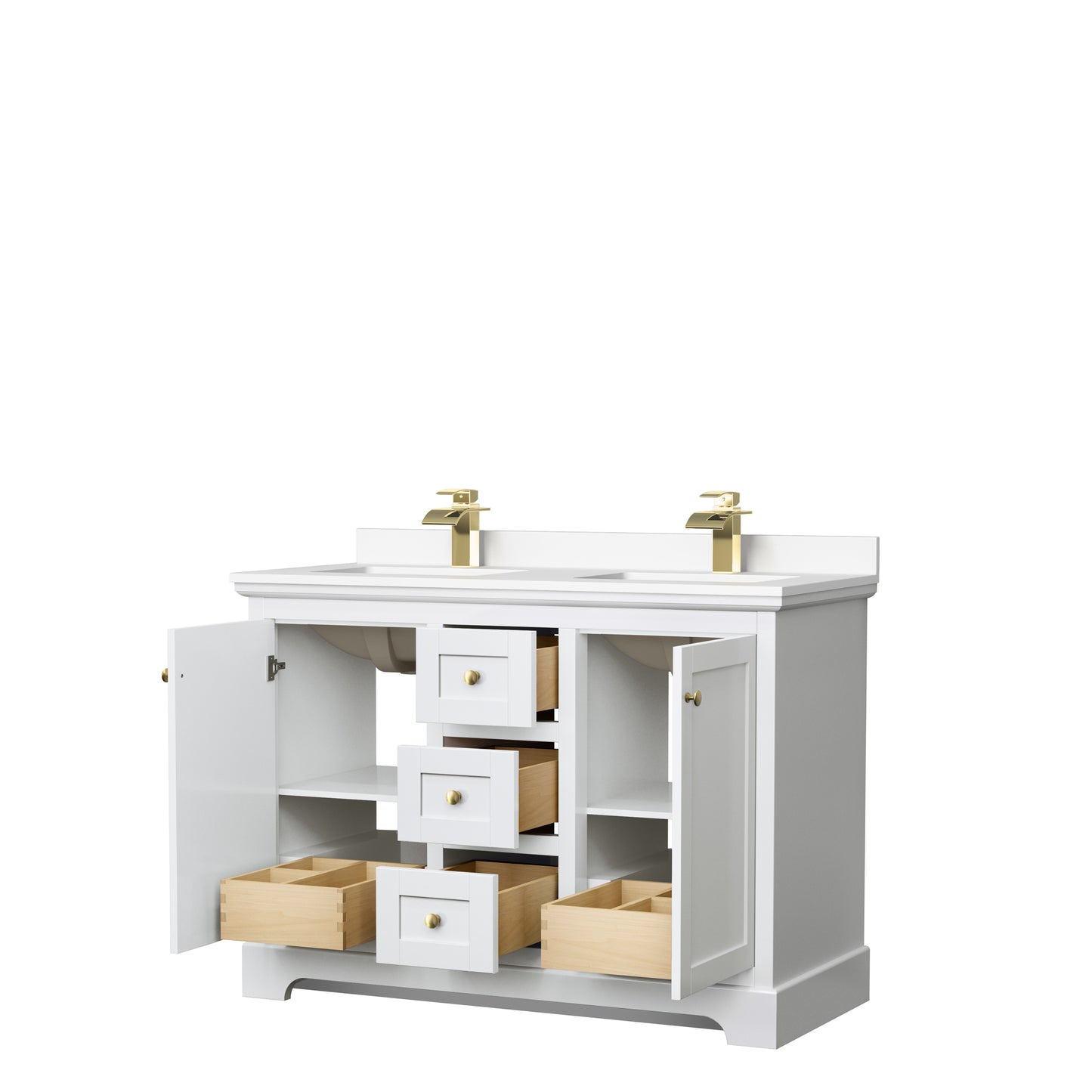 Avery 48 Inch Double Bathroom Vanity in White, White Cultured Marble Countertop, Undermount Square Sinks, Brushed Gold Trim