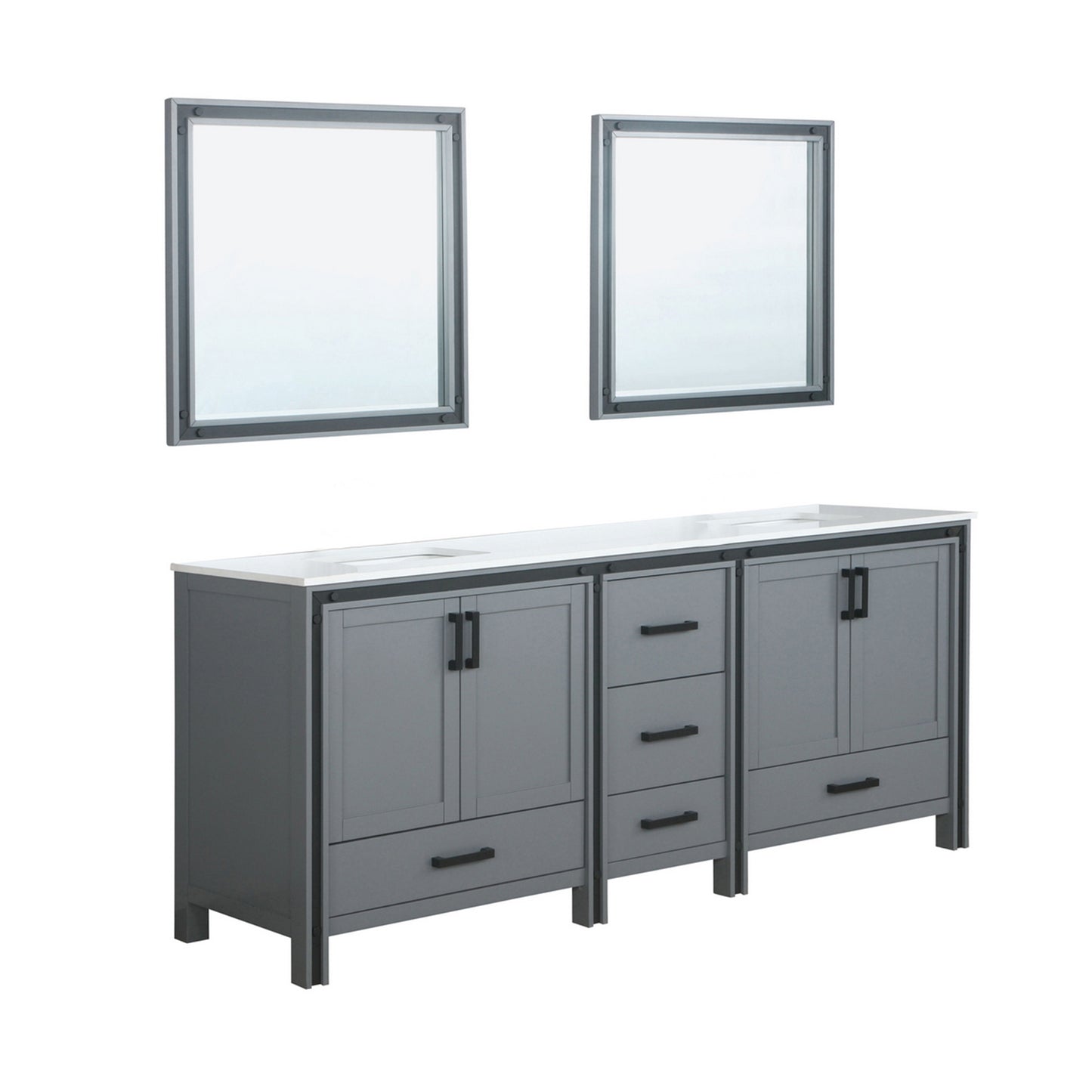 Ziva 84" Dark Grey Double Vanity, Cultured Marble Top, White Square Sink and 34" Mirrors