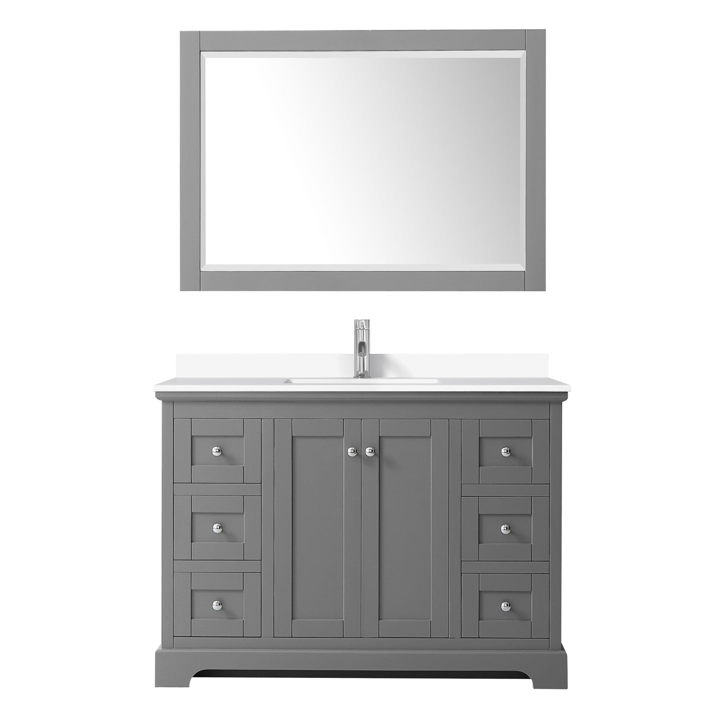 Avery 48 Inch Single Bathroom Vanity in Dark Gray, White Cultured Marble Countertop, Undermount Square Sink, 46 Inch Mirror