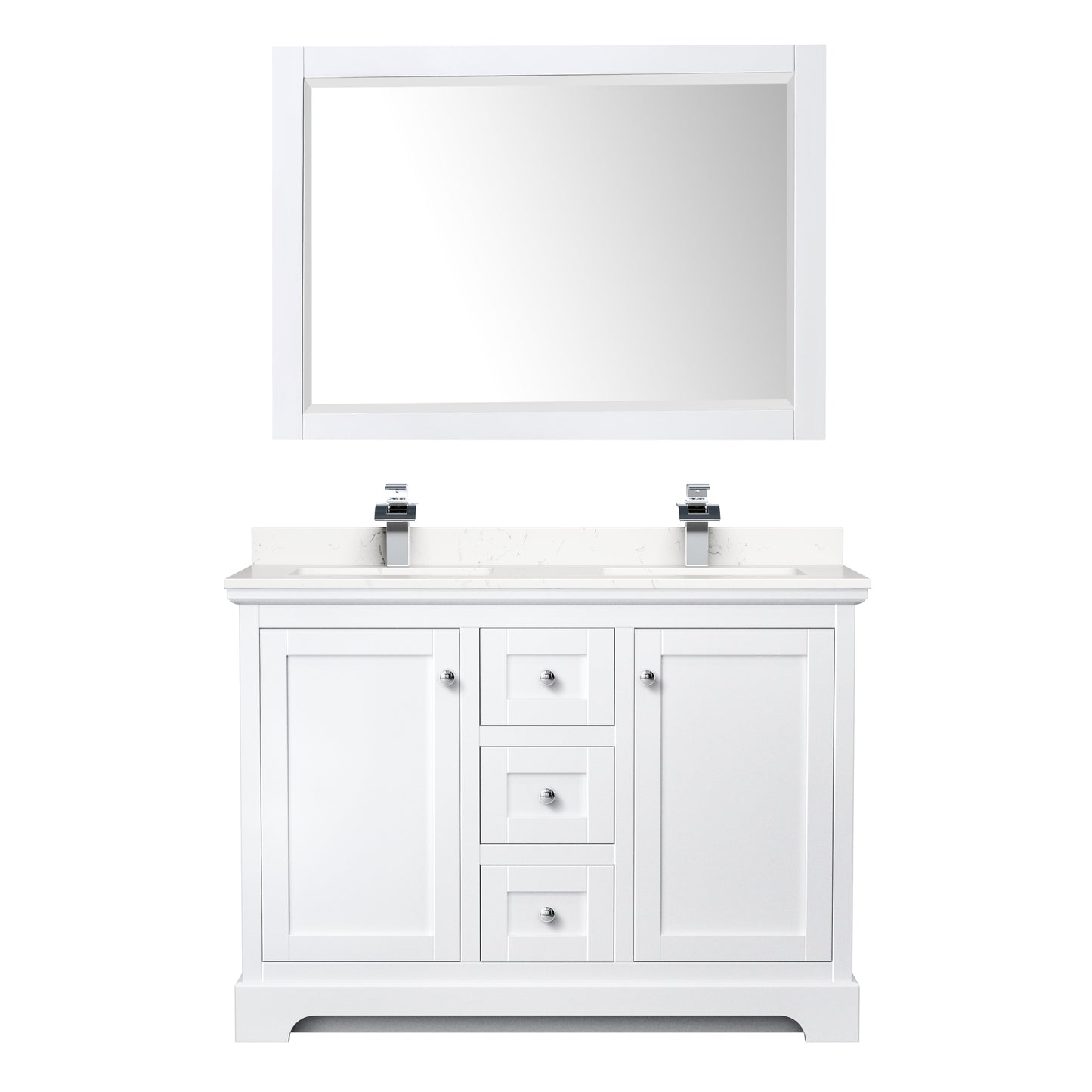 Avery 48 Inch Double Bathroom Vanity in White, Carrara Cultured Marble Countertop, Undermount Square Sinks, 46 Inch Mirror