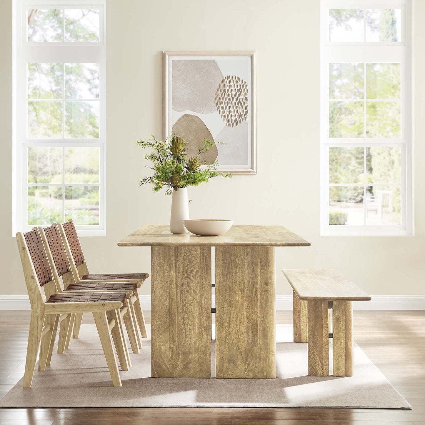 Modway Amistad 86" Wood Dining Table and Bench Set in Oak