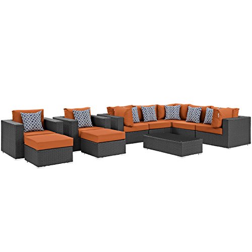 Modway Sojourn Casual Seating 10 Piece Outdoor Patio Rattan Sectional Set with Sunbrella Brand Tuscan Orange Canvas Cushions