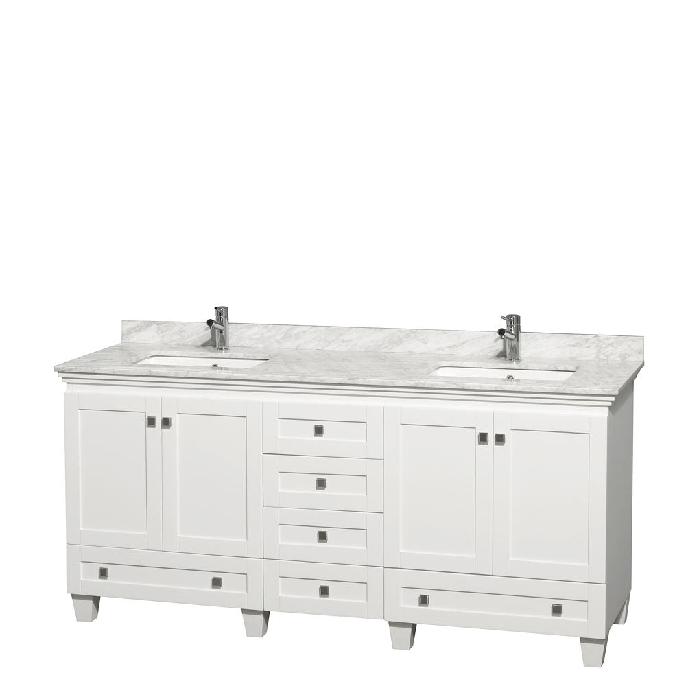 Acclaim 72 Inch Double Bathroom Vanity in White, White Carrara Marble Countertop, Undermount Square Sinks, and No Mirrors