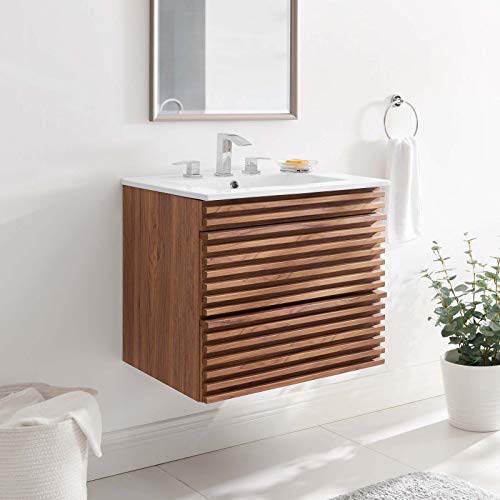 Modway Render Wall-Mount Bathroom Vanity in Walnut White