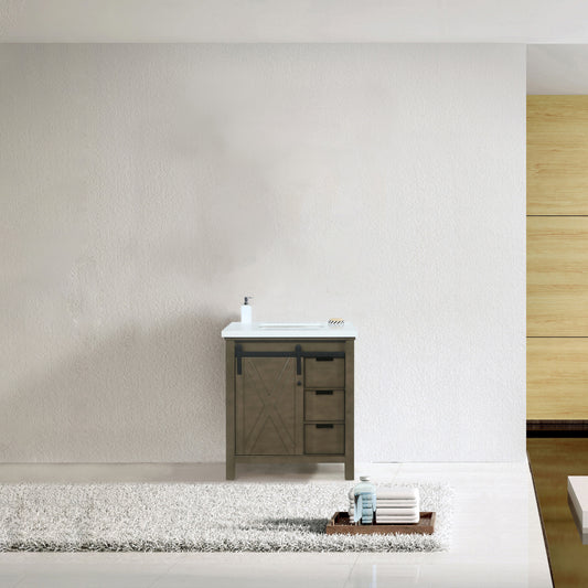 Marsyas 30" Rustic Brown Single Vanity, White Quartz Top, White Square Sink and no Mirror