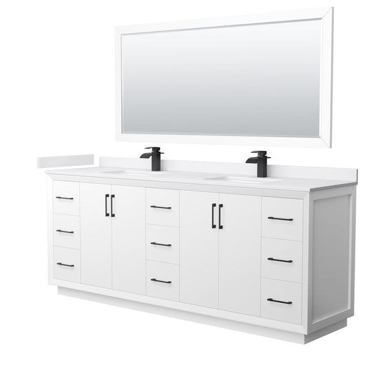 Strada 84 Inch Double Bathroom Vanity in White, White Cultured Marble Countertop, Undermount Square Sink, Matte Black Trim, 70 Inch Mirror