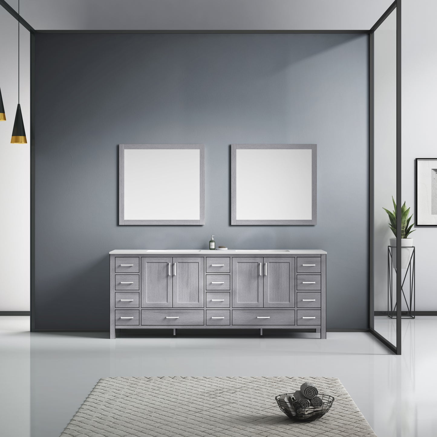 Jacques 84" Distressed Grey Double Vanity, White Carrara Marble Top, White Square Sinks and 34" Mirrors