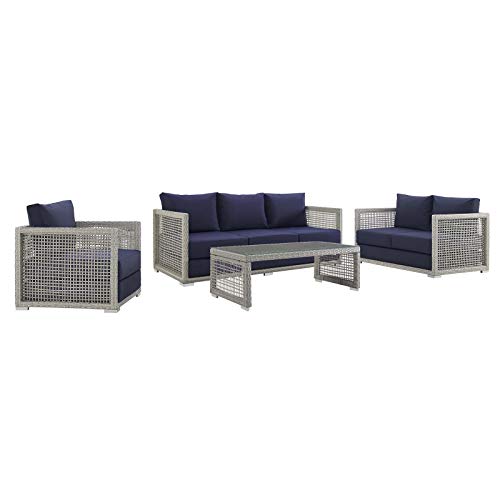 Modway EEI-3596-GRY-NAV-SET Aura Outdoor Patio Wicker Rattan, Sofa, Loveseat, Armchair and Coffee Table, Gray Navy